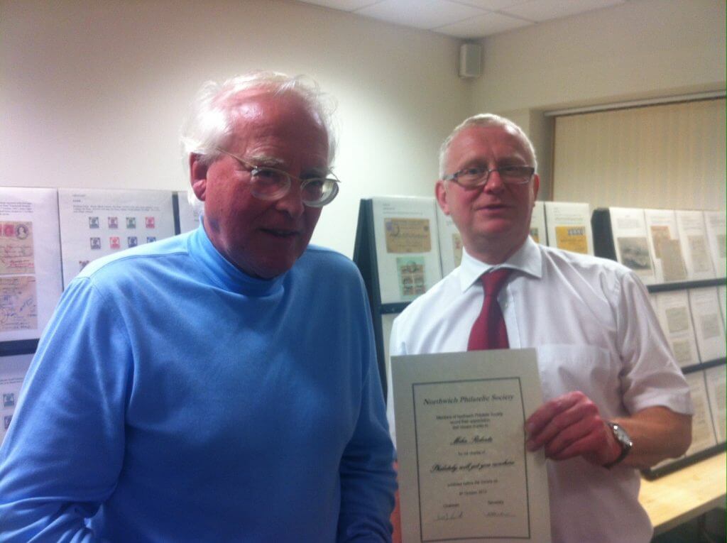 Mike Roberts receives his certificate of thanks Northwich Philatelic Society