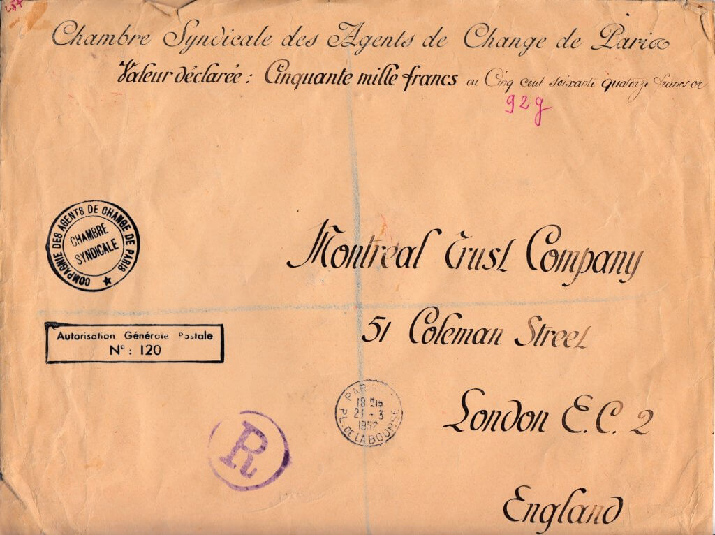 Registered and Insured letter from Paris to England 1952 (front)