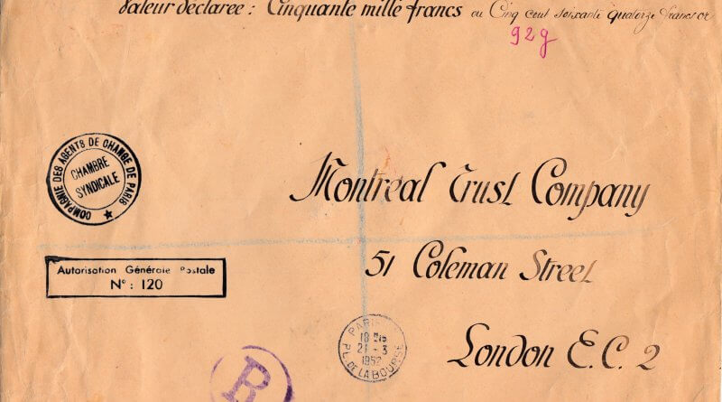 Registered and Insured letter from Paris to England 1952 (front)