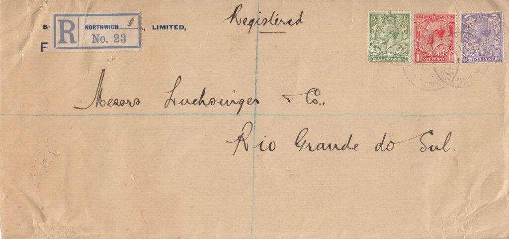 LUCHSINGER AND CO cover from Northwich to Brazil 1916
