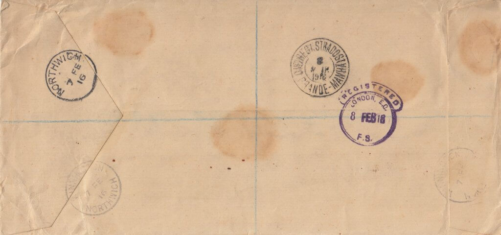 LUCHSINGER AND CO cover from Northwich to Brazil 1916 (reverse)