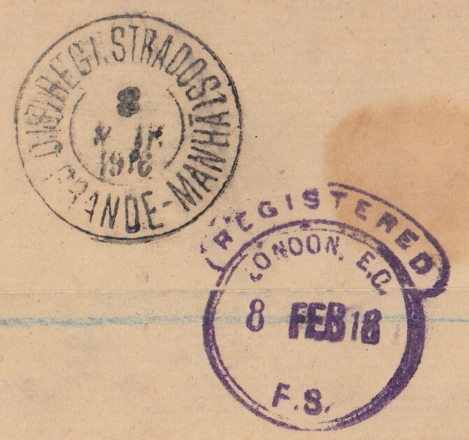London Registered Hooded Circle cancel and Brazilian receiving cancel